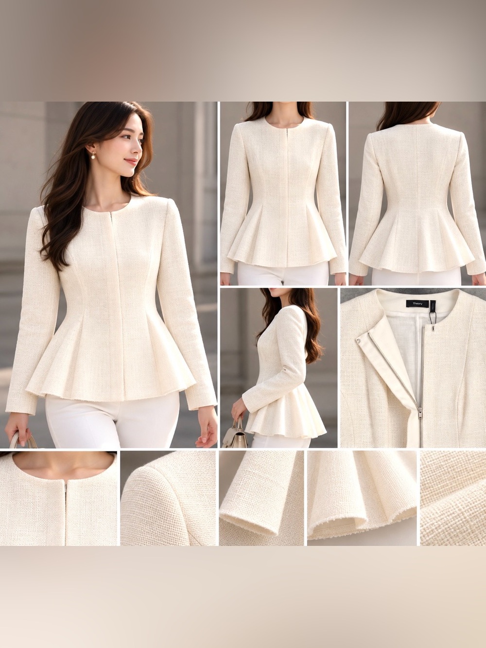Theory Movement Italian Canvas Tweed Ivory Peplum Jacket